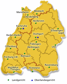 Karte der Landgerichtsbezirke in Baden-Württemberg